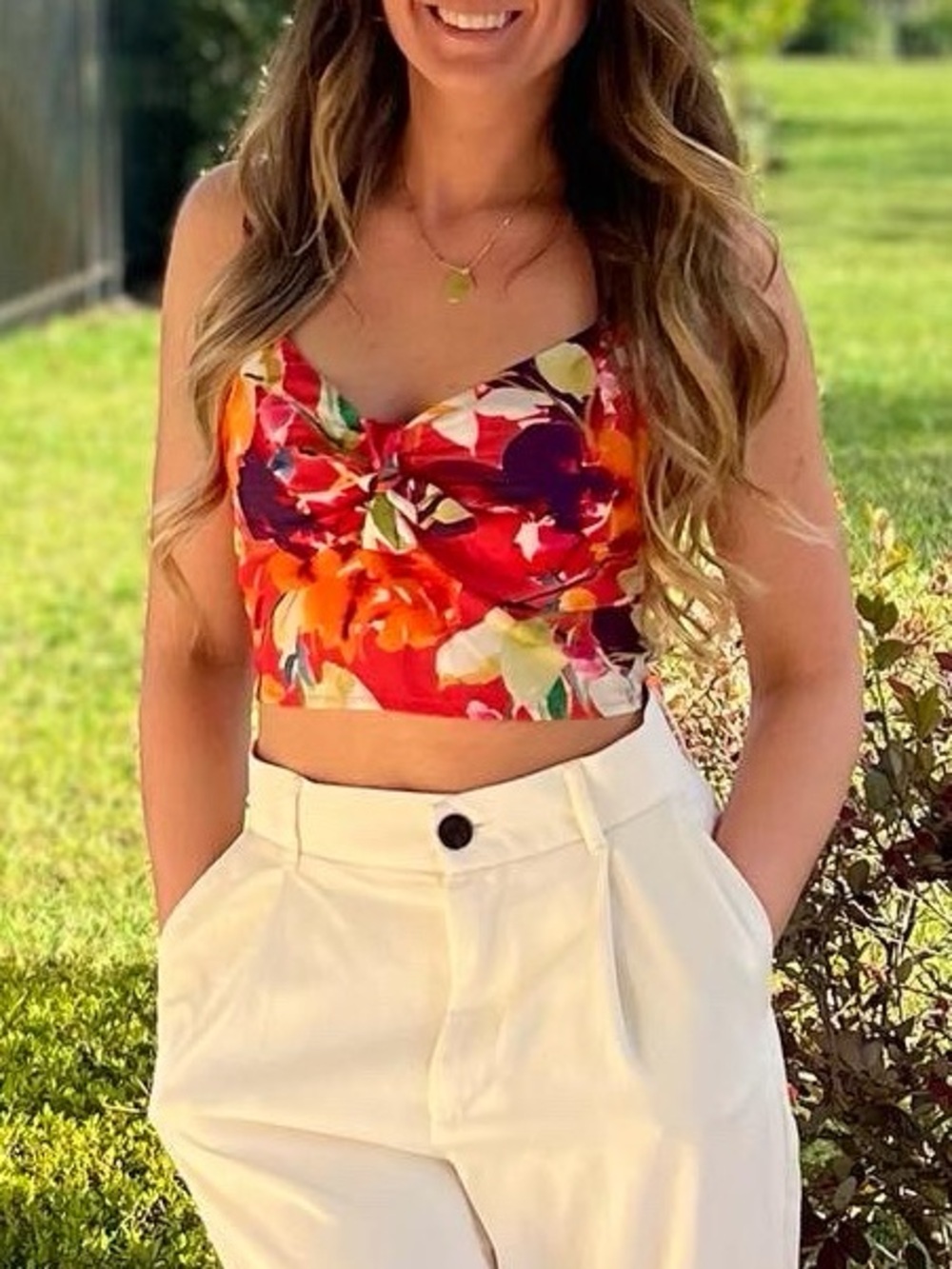 Guess Floral Knot-Front Crop Top in Red, Orange, Pink